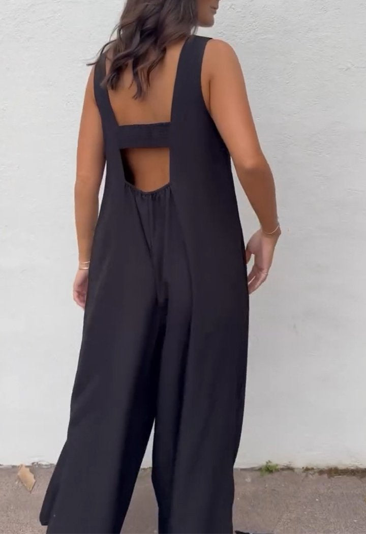 V-neck Loose Backless Suspender Jumpsuit