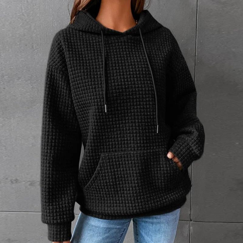 New Waffle Round Neck Long Sleeve Sweatshirt Solid Color Tops for Women