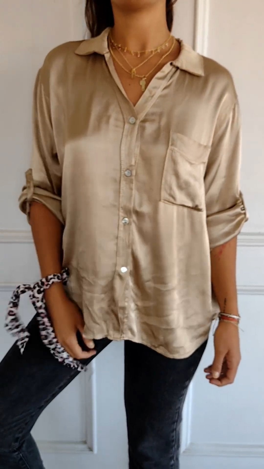 Satin Long Sleeve Top Shirt with Pocket