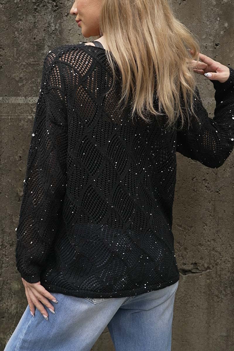 Women's Cutout Diamond V-Neck Long Sleeve Sweater