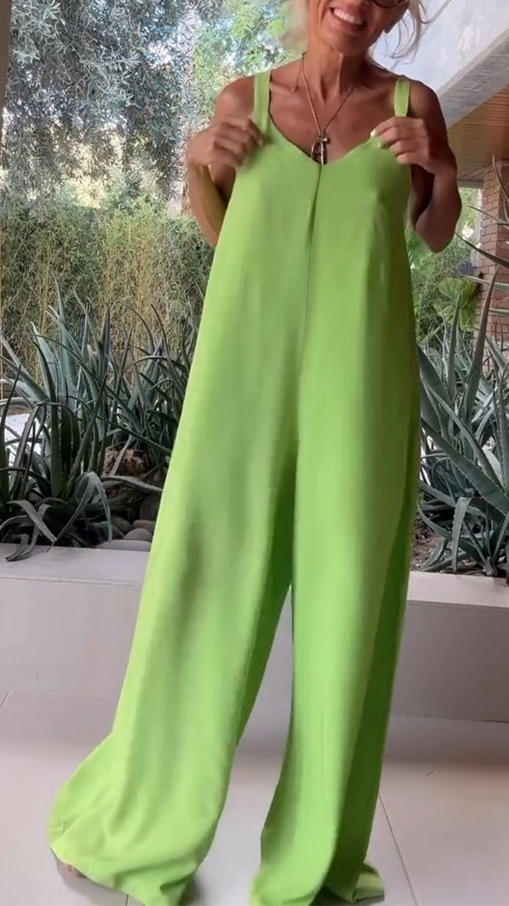 V-neck Sleeveless Solid Color Jumpsuit