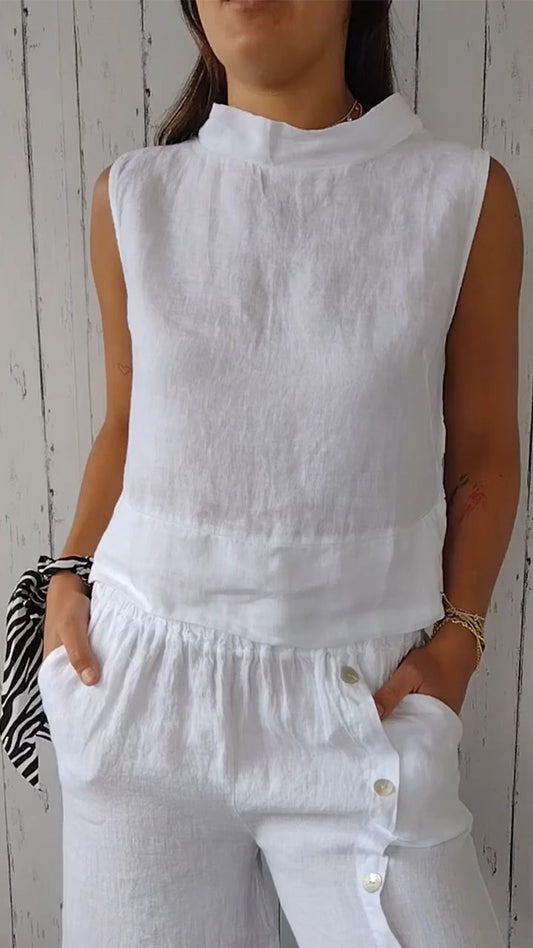 Stand Collar Sleeveless Cotton and Linen Top