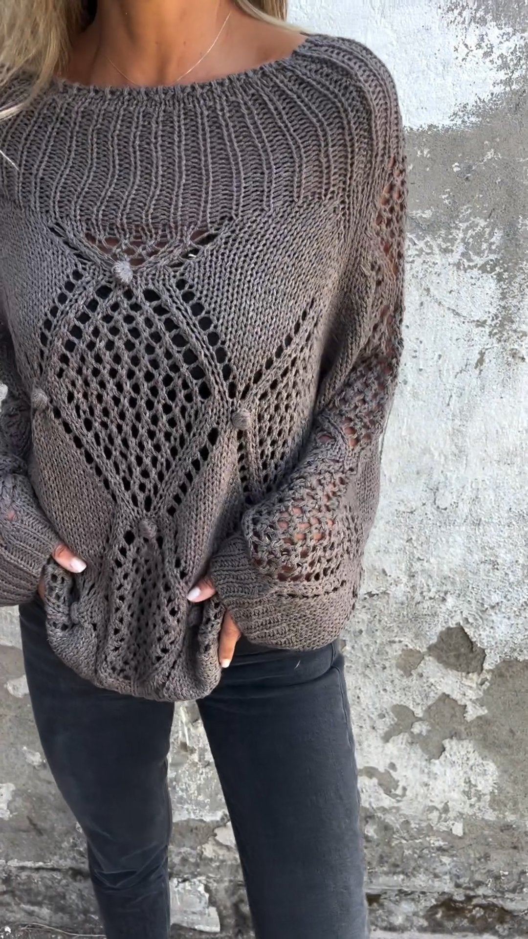 Round Neck Long Sleeve Knitted Top with Hollow Design