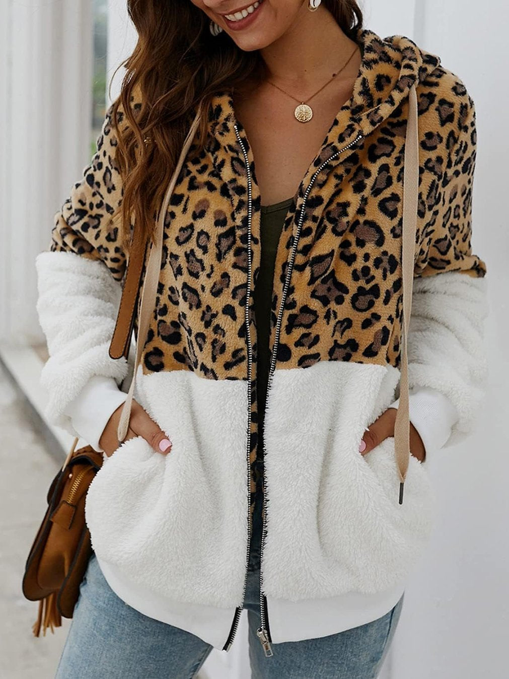 Women's Casual Leopard Print Patchwork Hooded Plush Jacket