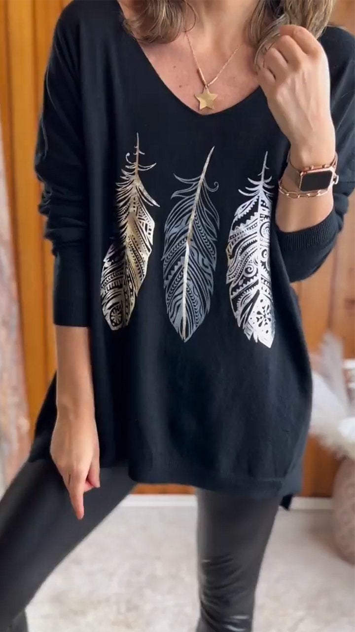 Feather Print V-neck Comfortable Top