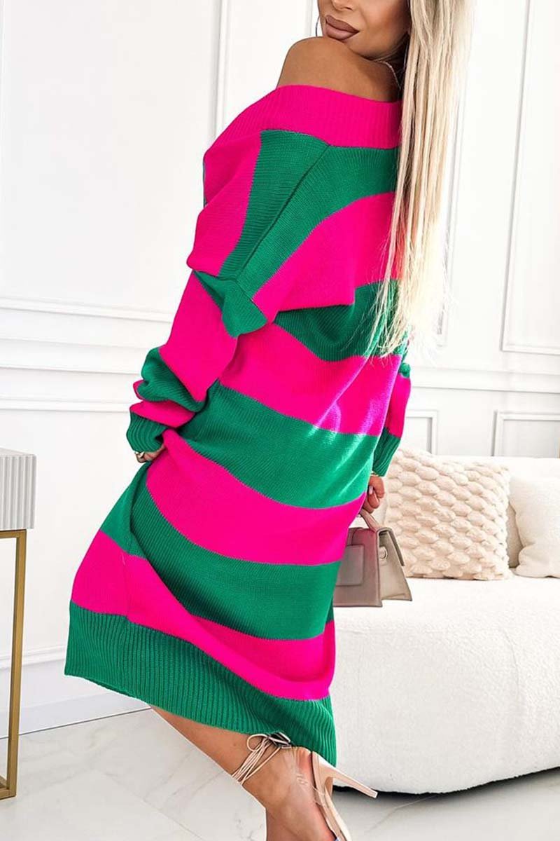 Women's Striped V Neck Long Sleeve Sweater Dress