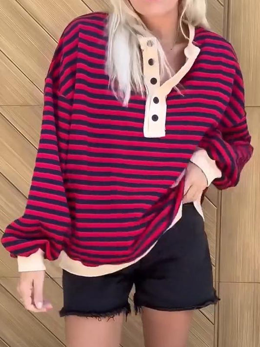 Women's Round Neck Half-button Striped Long-sleeved Top