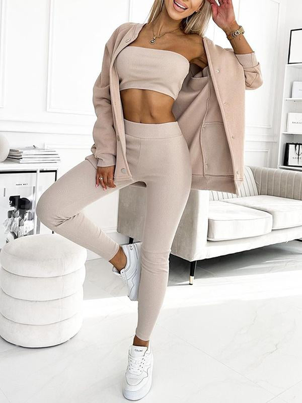 Women's Round Neck Long Sleeve Casual Sports 3-piece Suit