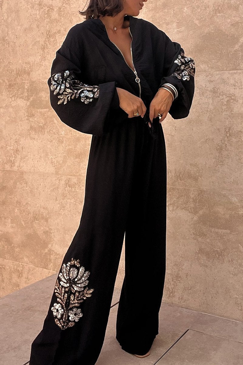 Women's Casual Sequined Cotton and Linen Pants Suit