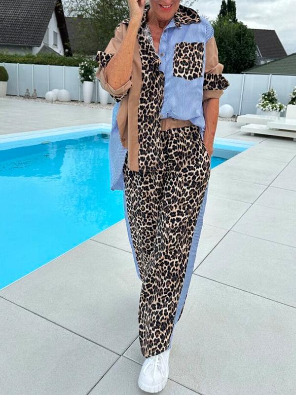 Women's Casual Lapel Leopard Print Two-piece Suit