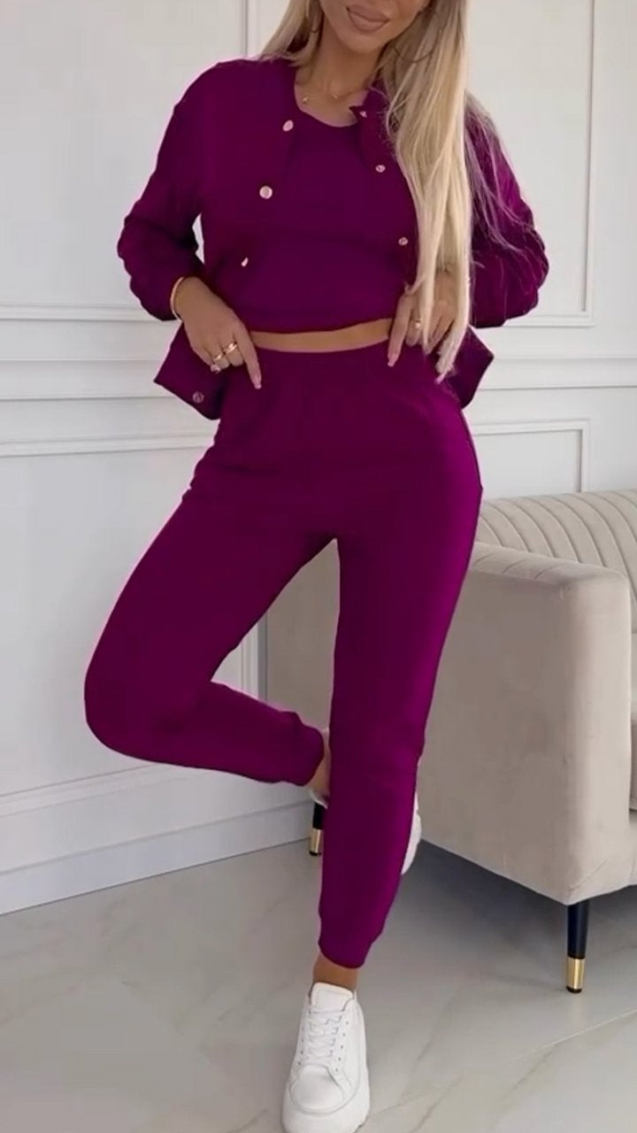 Women's Round Neck Long Sleeve Casual Sports 3-piece Suit