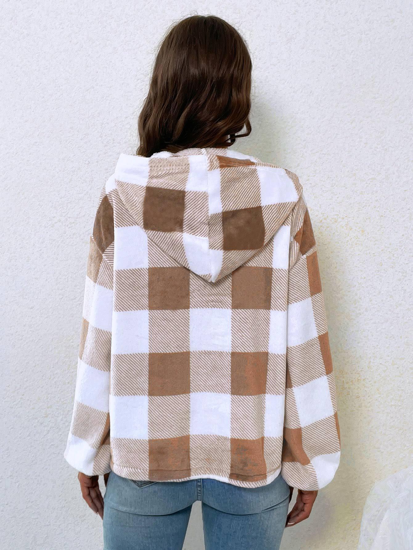 Flannel Plaid Half Open Collar Buttoned Hooded Plush Sweatshirt