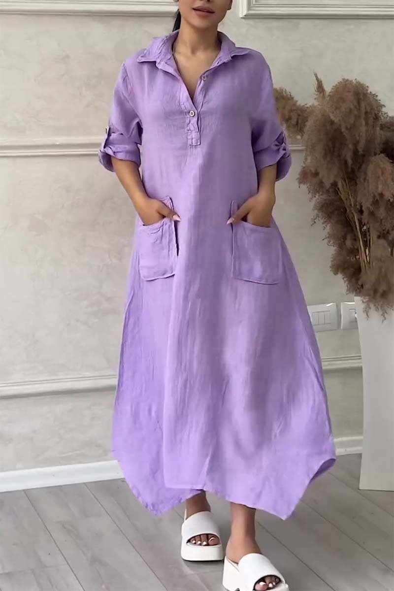 Half button lapel cotton and linen dress