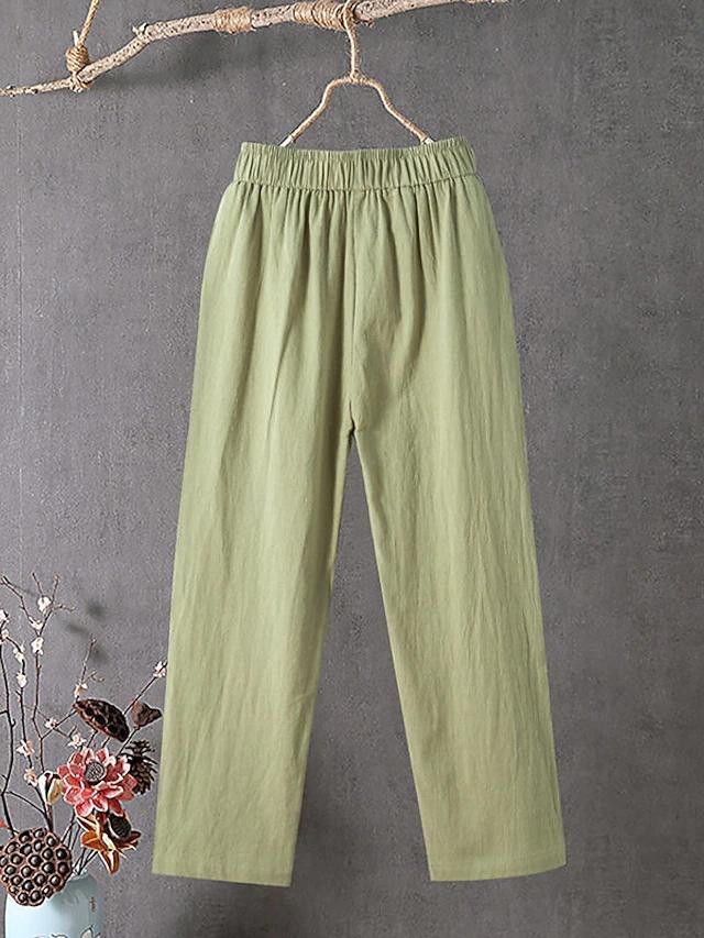 Women's Slacks Baggy Cropped  Ankle-Length Linen Pocket Elastic Mid Waist Pants