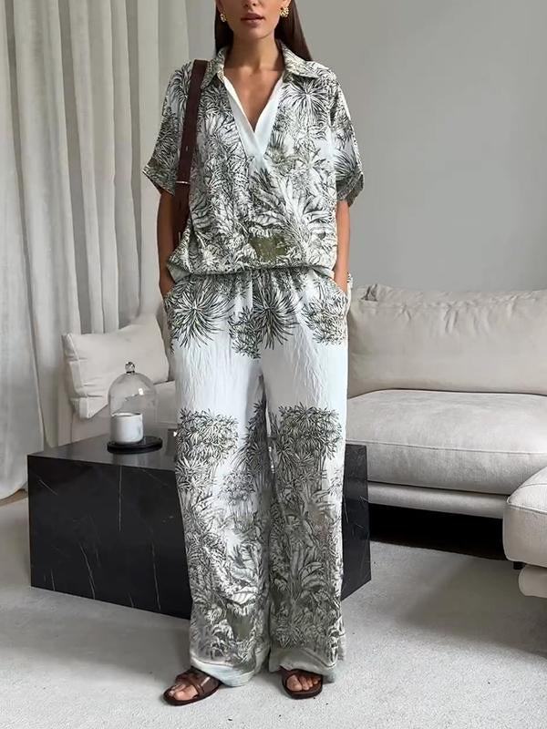 Women's Casual Lapel Printed Short-sleeved Two-piece Suit