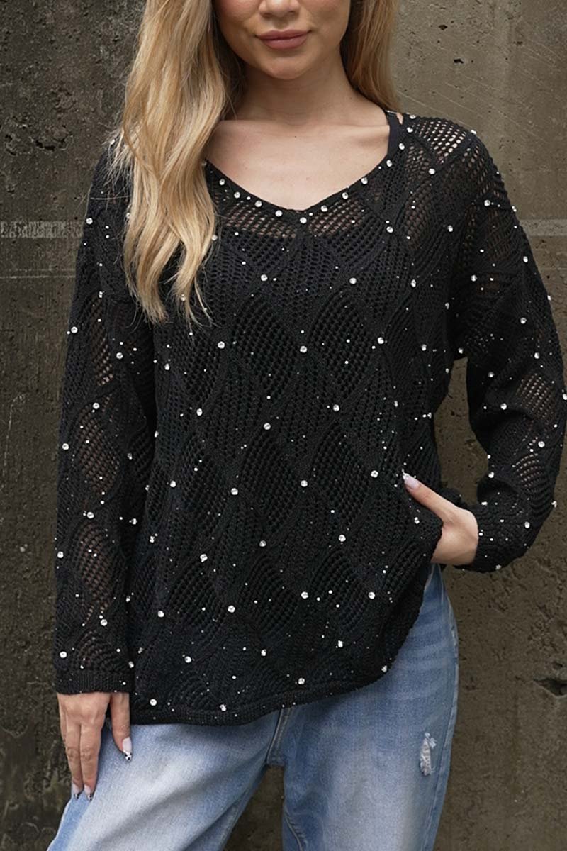 Women's Cutout Diamond V-Neck Long Sleeve Sweater