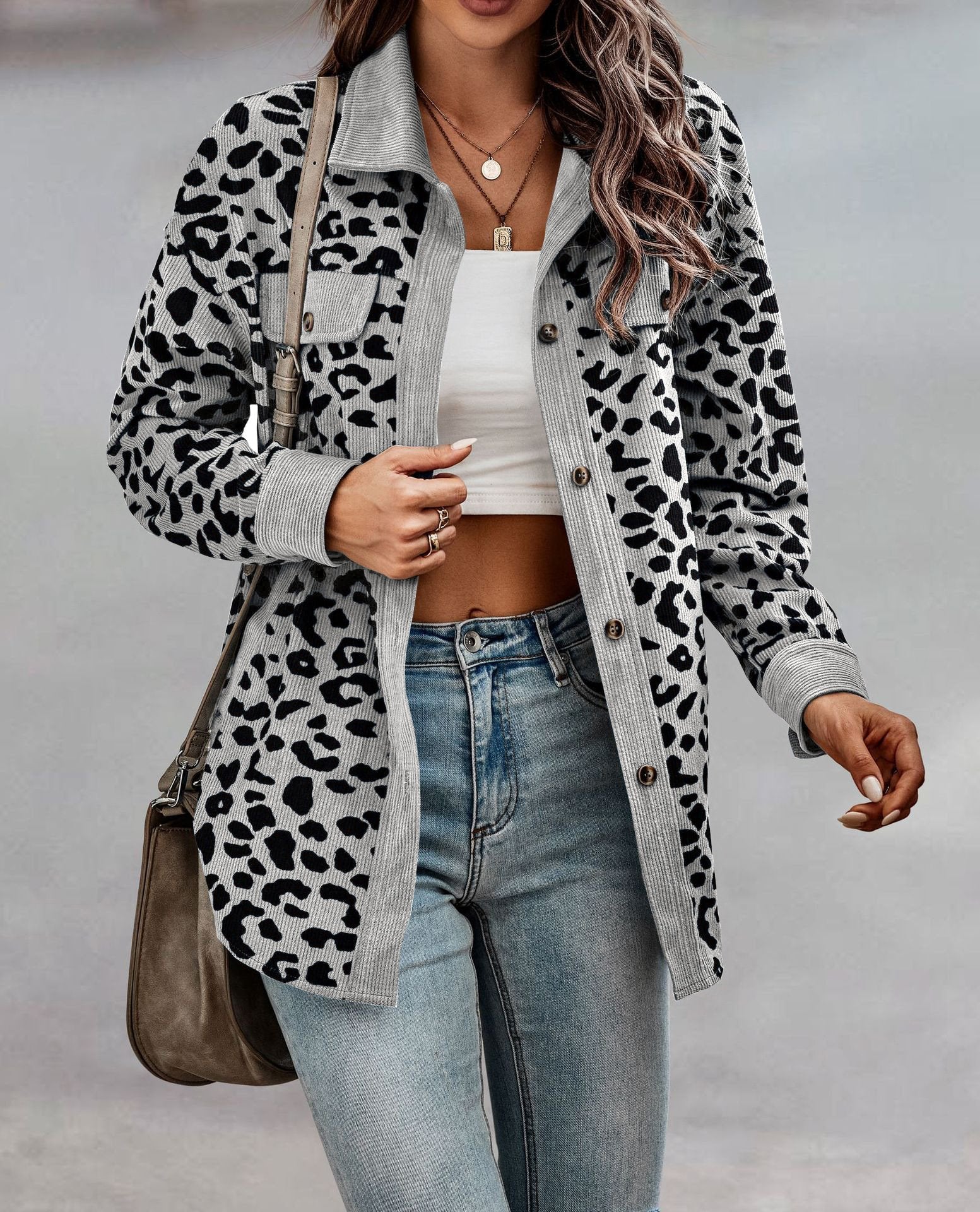 Women's Autumn and Winter Leopard Print Button Long Sleeve Jacket