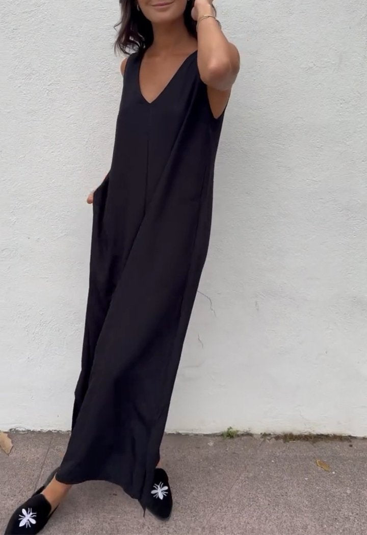 V-neck Loose Backless Suspender Jumpsuit