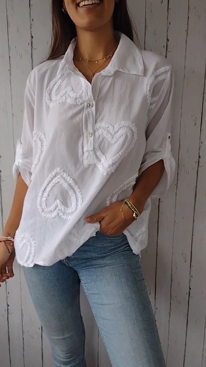 Lapel Love Short-sleeved Cotton and Linen Shirt