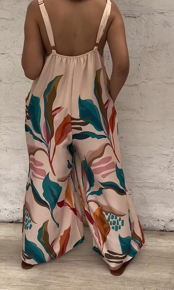 Women's Sleeveless Printed Jumpsuit with Crew Neck