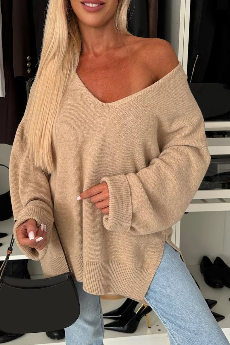 Women's V-neck Long-sleeved Knitted Slit Casual Top