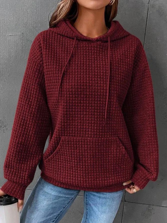 New Waffle Round Neck Long Sleeve Sweatshirt Solid Color Tops for Women