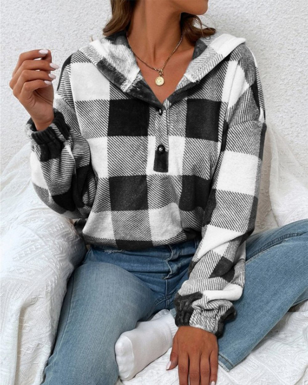 Flannel Plaid Half Open Collar Buttoned Hooded Plush Sweatshirt