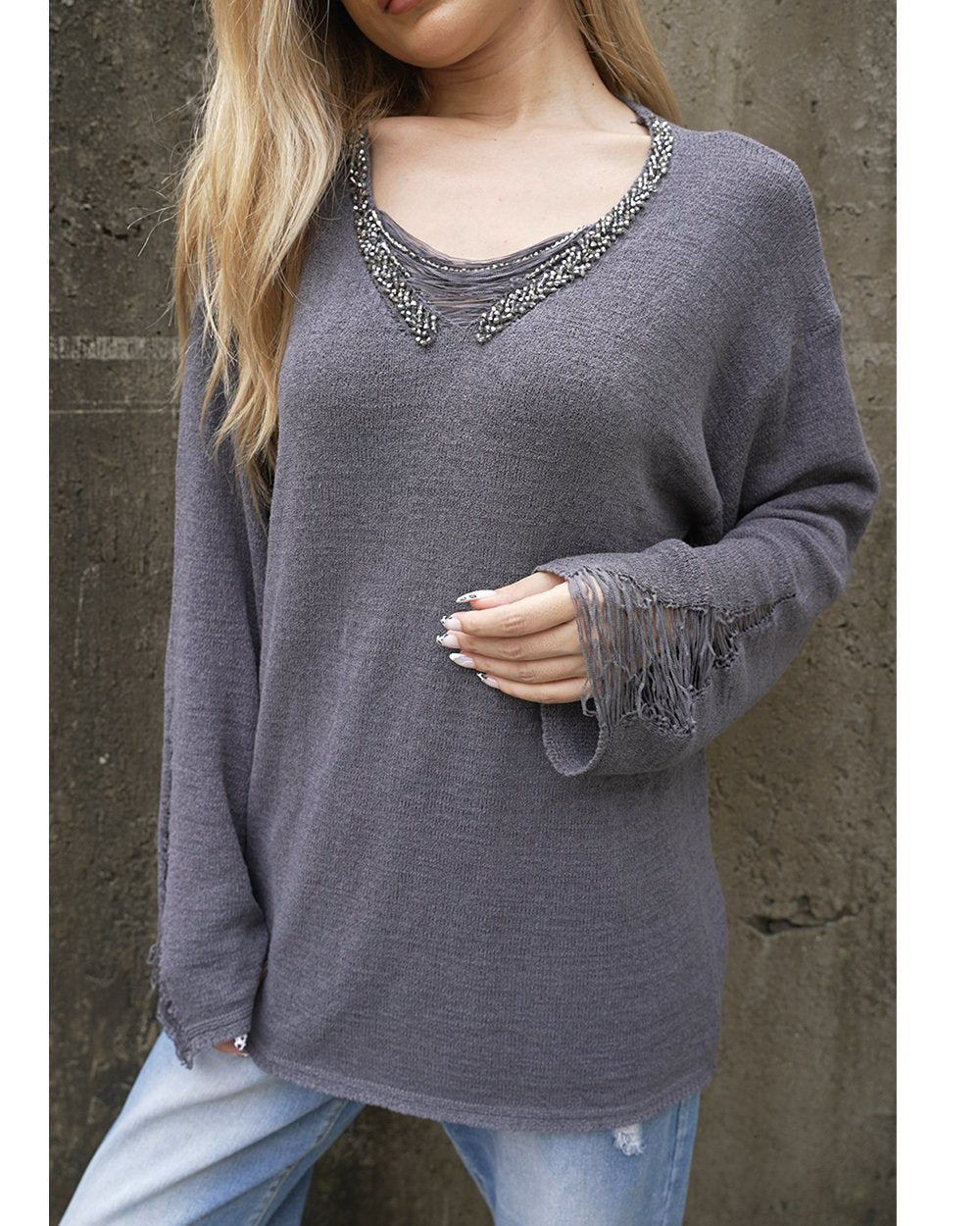 Women's Fashionable V-neck Beaded Sweater Tops