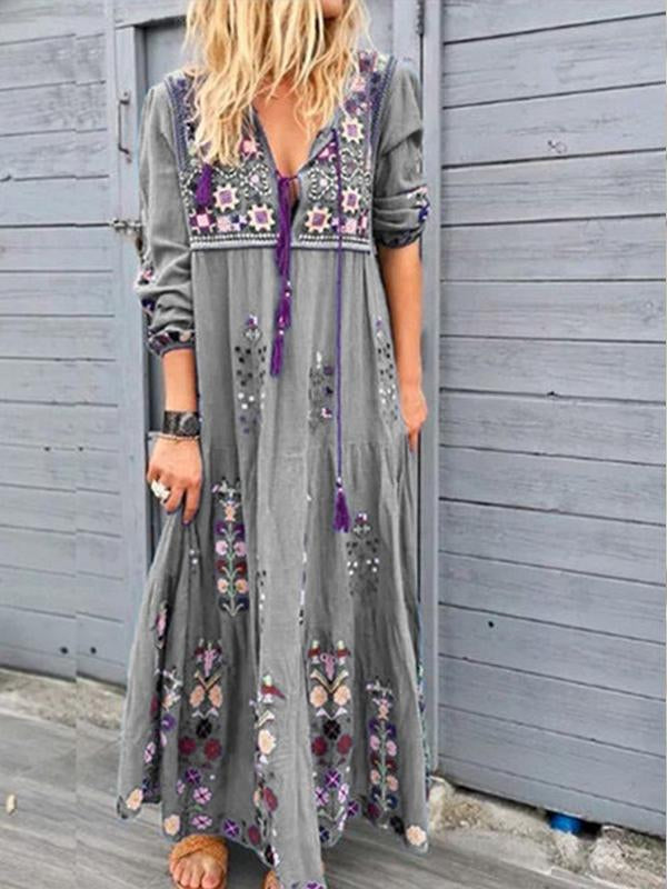 Floral Print Patchwork Dress Fashion Drawstring Long-sleeved Dress