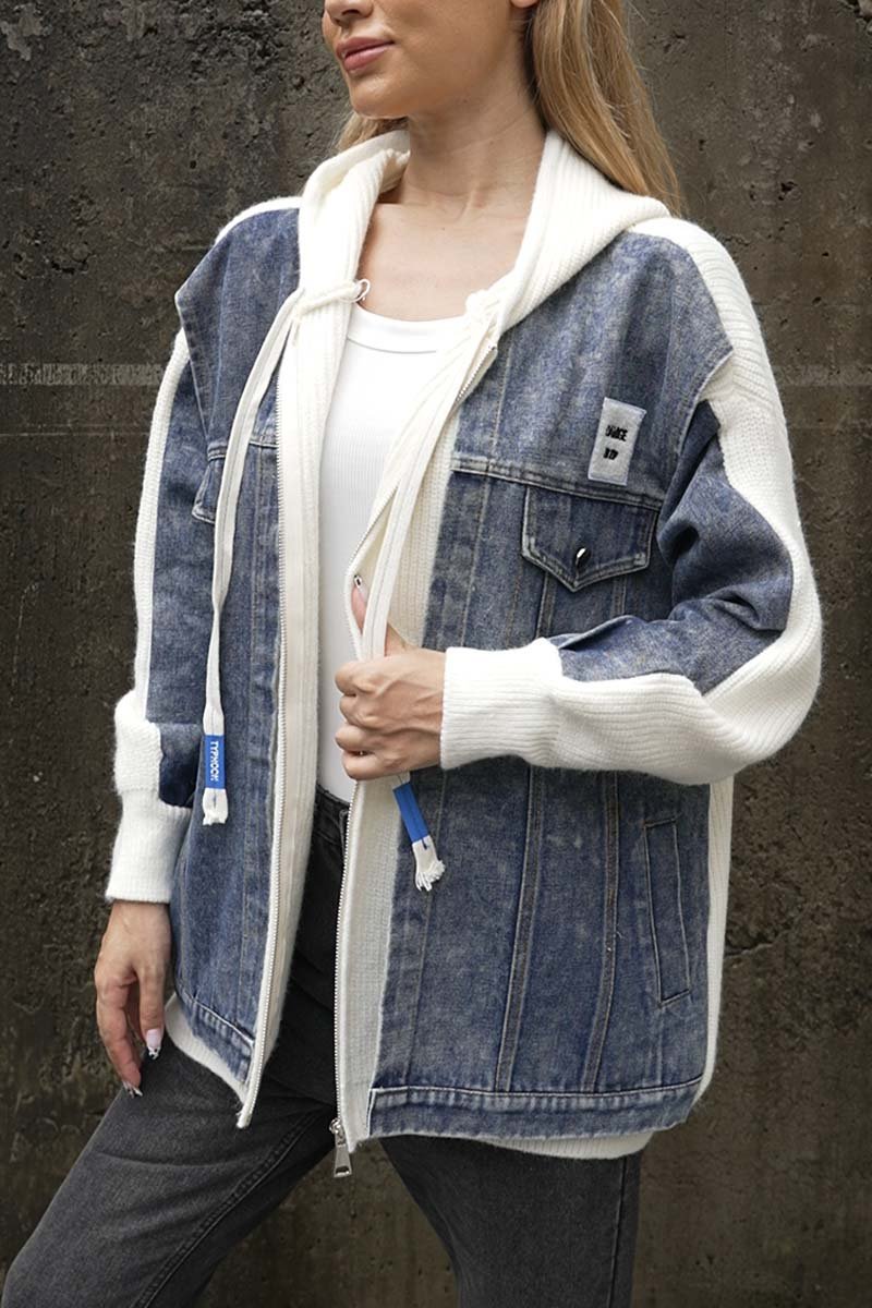 Women's Denim Patchwork Sweater Fake Two Piece Hooded Jacket