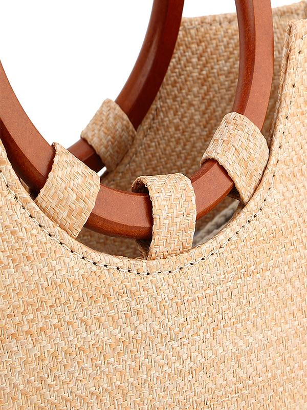 Women's Wooden Handle Handbag Straw Shoulder Bag