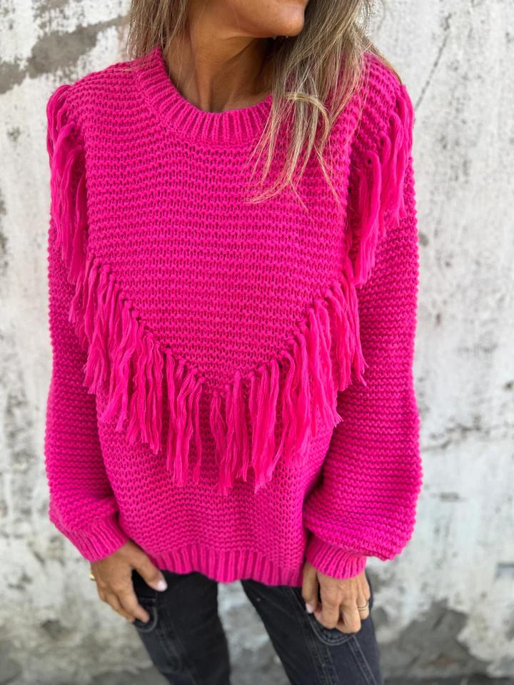 Round Neck Fringed Knitted Top