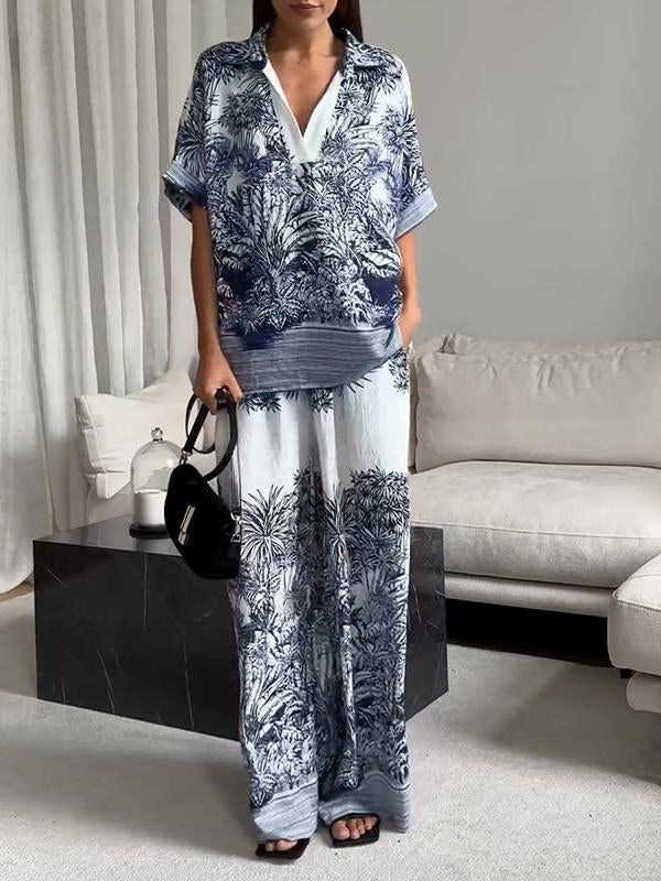 Women's Casual Lapel Printed Short-sleeved Two-piece Suit