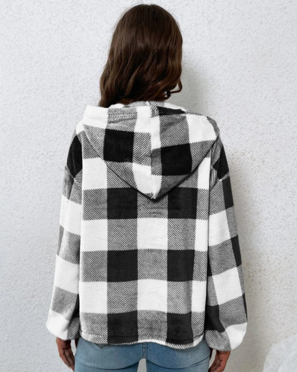 Flannel Plaid Half Open Collar Buttoned Hooded Plush Sweatshirt