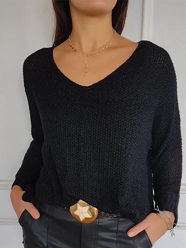 Women's V-neck Knitted Long-sleeved Top