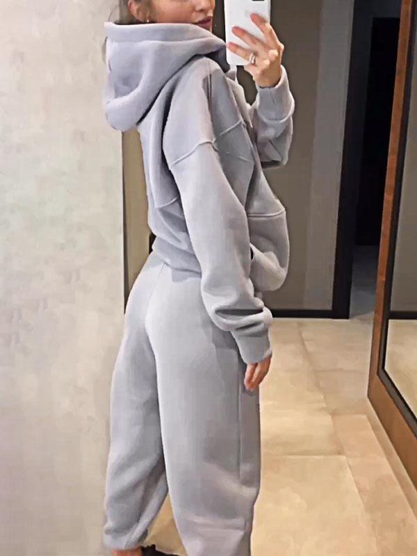 Women's Solid Color Patchwork Hooded Top and Pants Two-piece Set