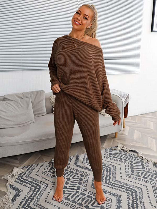 Women's casual long-sleeved solid color off-shoulder pullover trousers autumn and winter sweater two-piece set