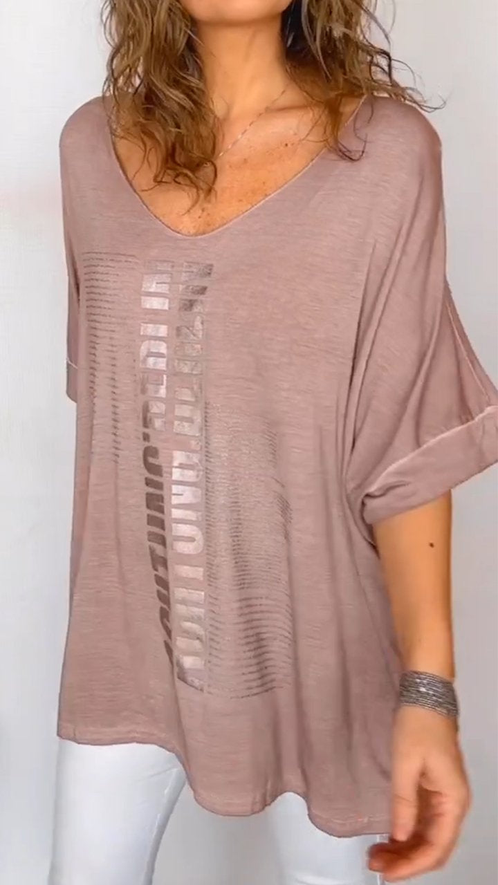 Women's V-neck Text Print Mid-sleeve Casual Top