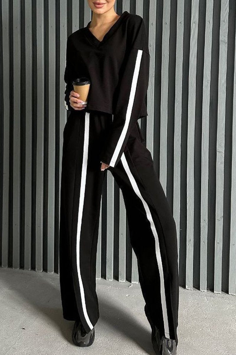 Women's V-neck Long-sleeved Striped Contrasting Color Design Casual Suit