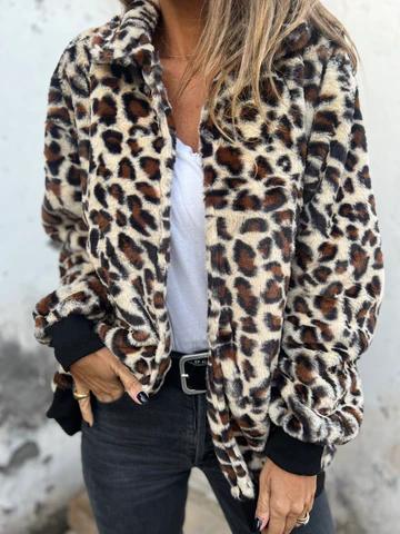 Women's Lapel Leopard Print Long Sleeve Thick Coat