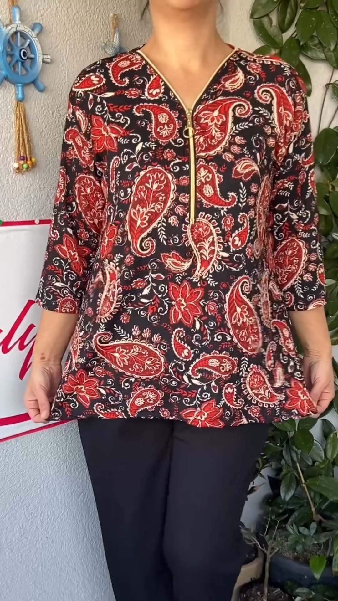 Women's Casual Paisley Print Zip Neck Long Sleeve Top