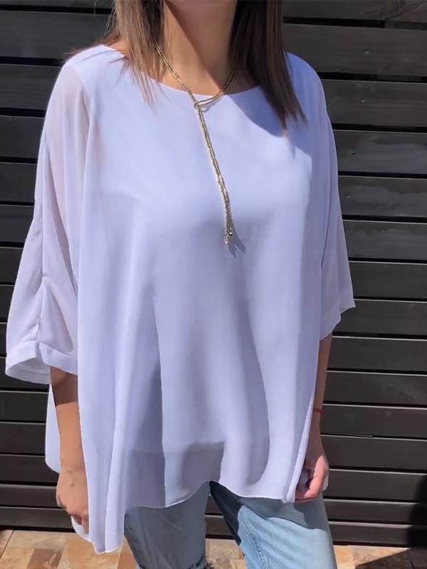 Women's Casual Round-neck Solid Color Chiffon Top