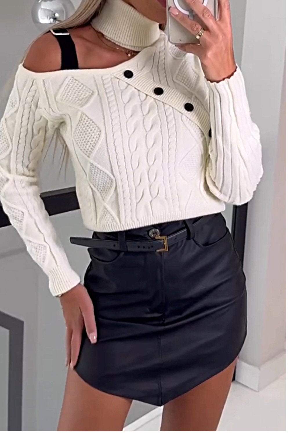 Women's Off Shoulder Buttoned Sweater Top