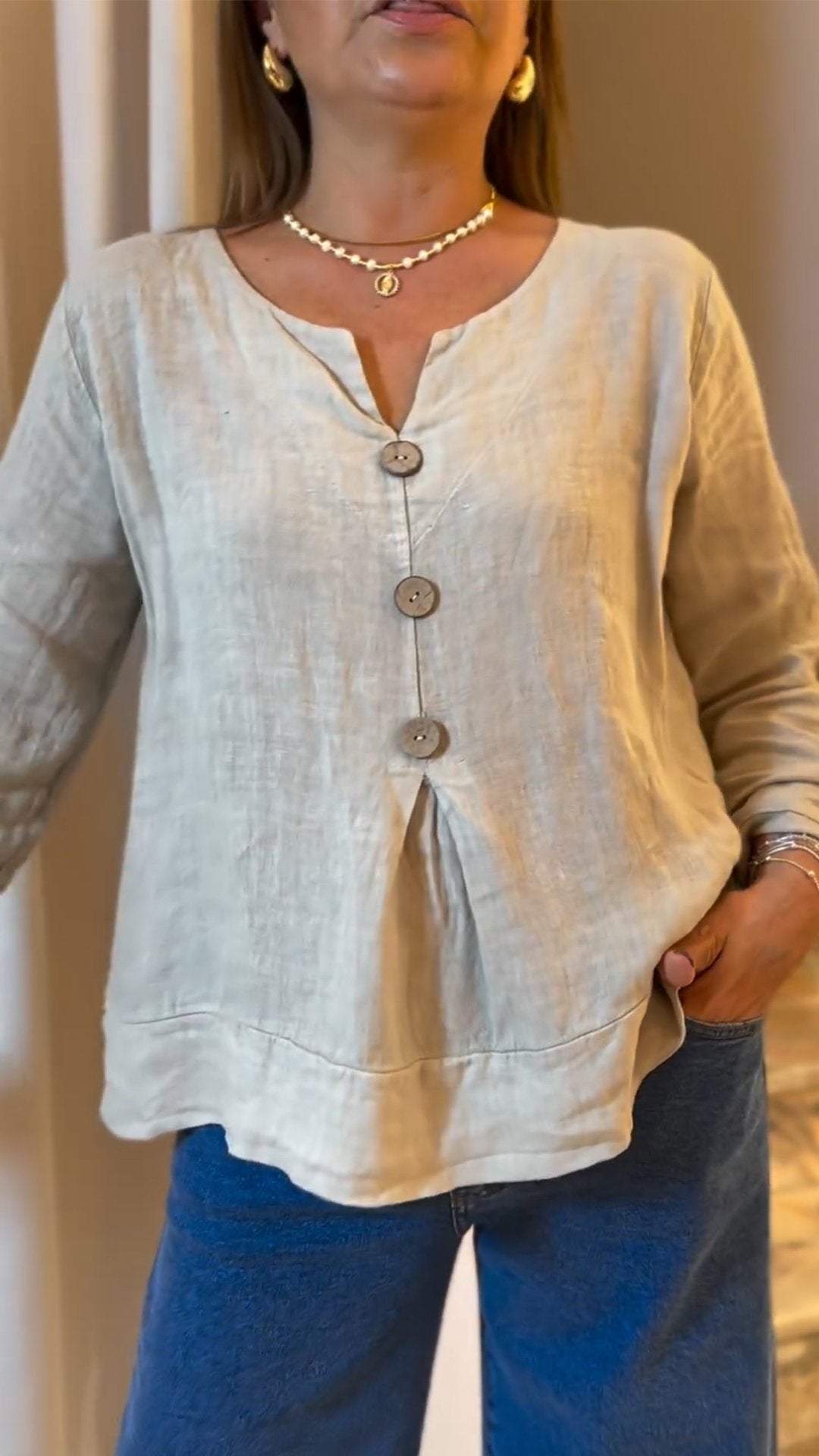 Women's V-neck Long-sleeved Cotton and Linen Casual Top