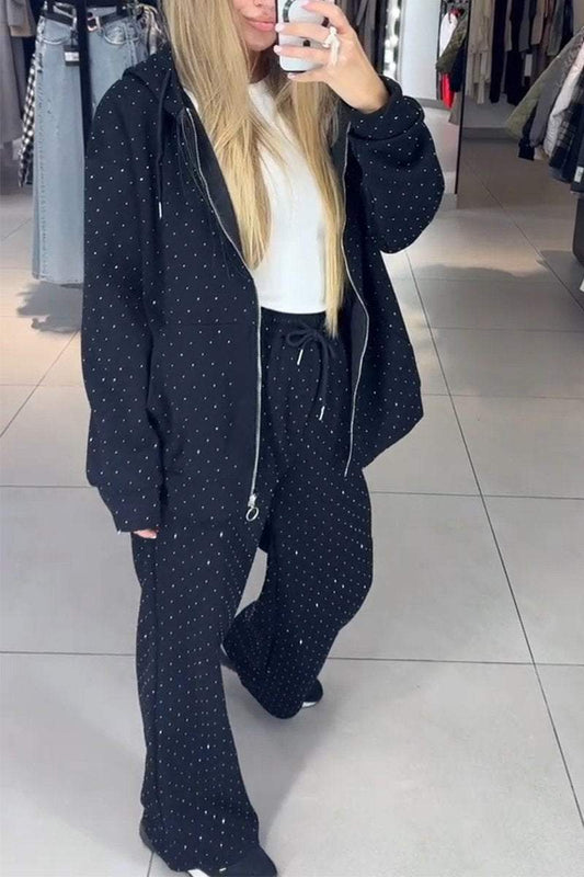 Women's Casual Hooded Rhinestone Two-piece Suit