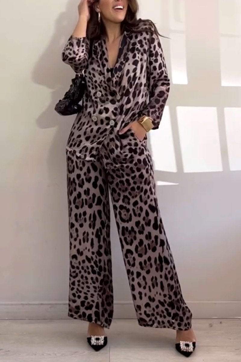 Women's Casual Lapel Leopard Printed Two-piece Suit