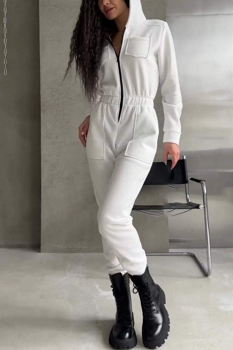 Women's Casual Hooded Half-zip Solid Color Jumpsuit