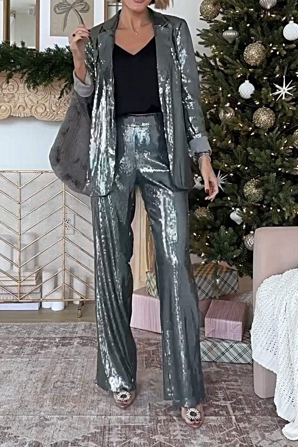 Women's Fashion Sequined Jacket & Pants Two-piece Set