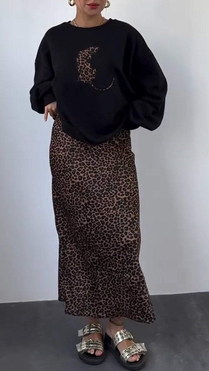 Women's Round Neck Long Sleeve Leopard Print Sweater Dress Suit