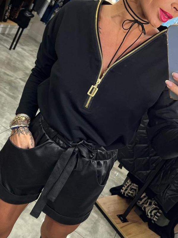 Women's V-neck Zipper Sexy Fashion Long-sleeved Top